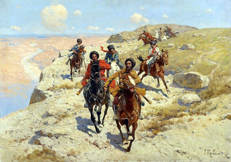 Казаки, преследующие Черкесов. Ф.Рубо.