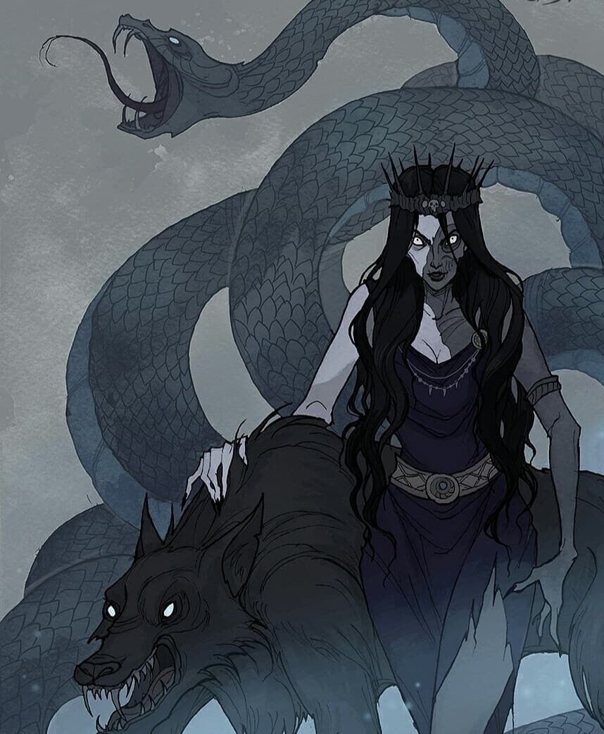 Хель (богиня смерти), волк Фенрир, змей Ёрмунганд.