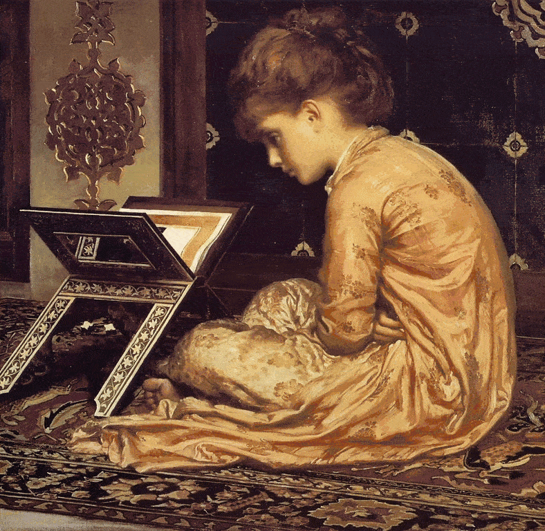 Фредерик Лейтон, «Изучение манускрипта на подставке для чтения», 1877, холст, масло, 63,2 х 65.1 см, Садли хаус, Ливерпуль.  «Урок музыки», 1877, холст, масло, 93 × 95 см, Гилдхолл галерея, Лондон