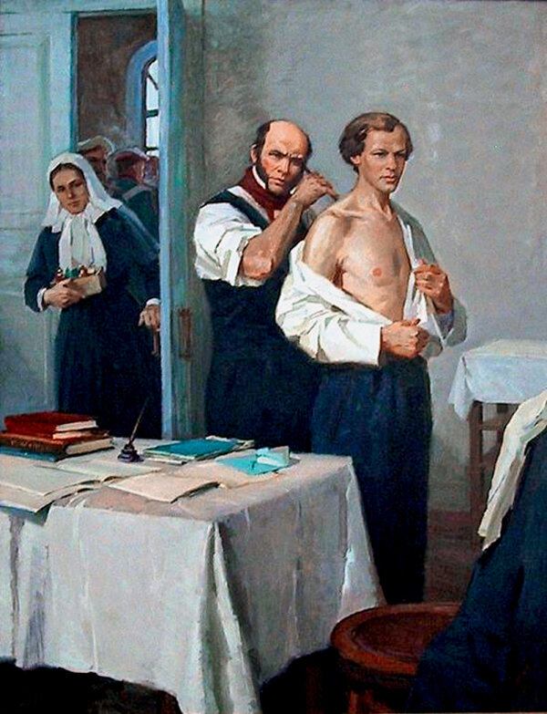 Николай Пирогов осматривает Дмитрия Менделеева, Картина художника И. Тихого. Констатируя удовлетворительное состояние пациента, у которого подозревали чахотку, Пирогов заявил: "Вы нас обоих переживете" - это не только вселило в будущего великого ученого уверенность в благосклонности к нему судьбы, но и сбылось.