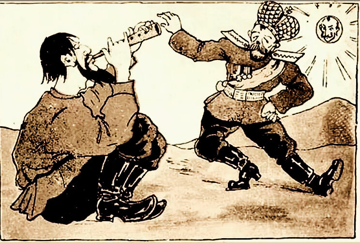 Одна из самых безобидных карикатур на тему отношений Распутина и царской семьи. 