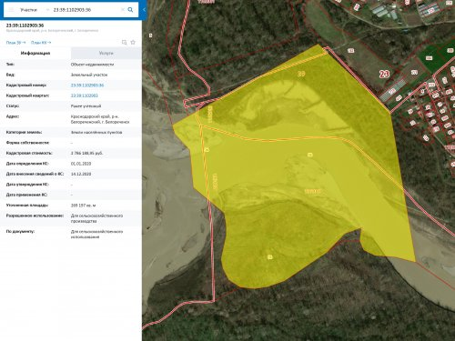 Схема расположения земельного участка 23:39:1102903:36, незаконно сформированного в русле реки Белой 