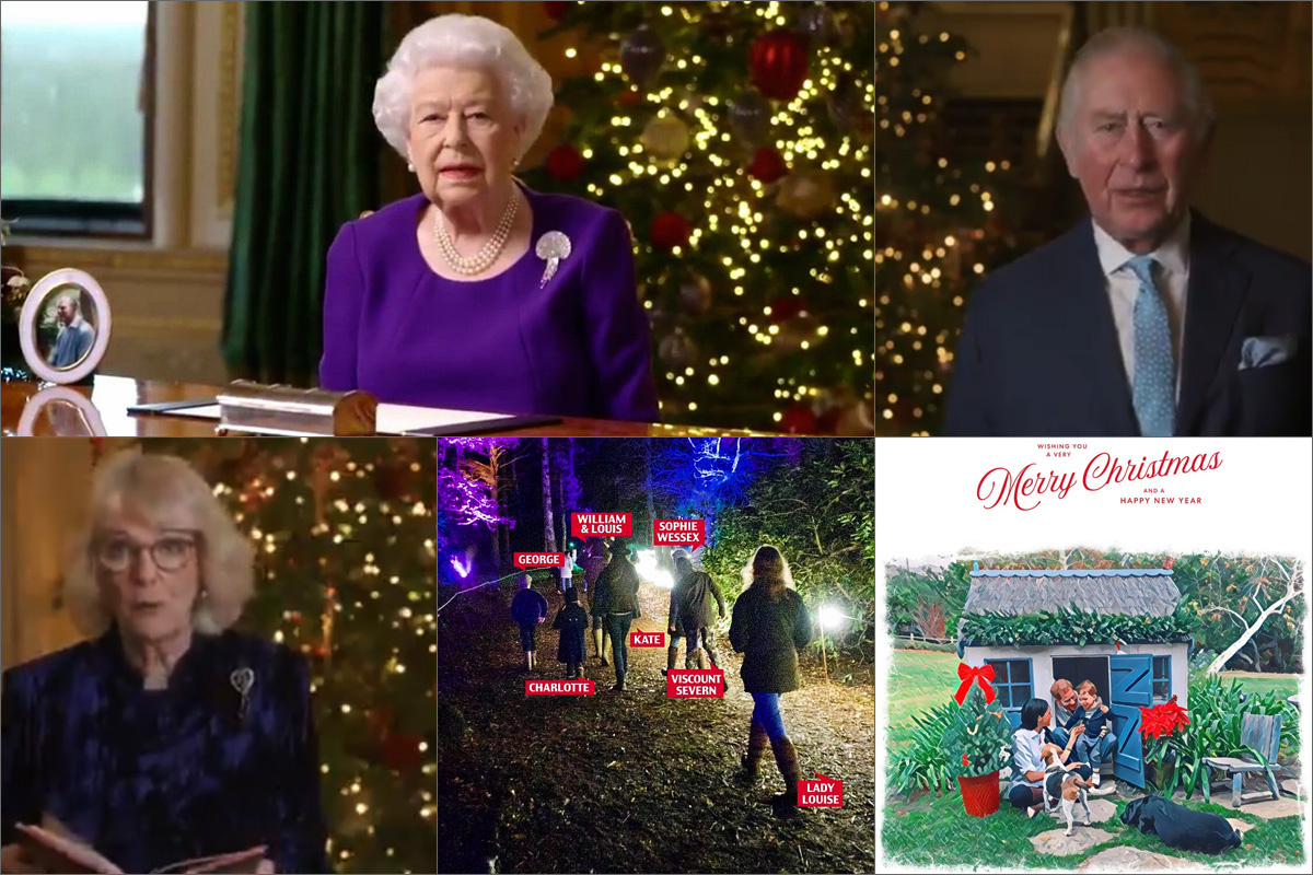 Коллаж: 1) Кадр из рождественского выступления Ее Величества Елизаветы II (из твиттера королевской семьи: https://twitter.com/RoyalFamily); 2, 3) Кадры из выступления принца Уэльского и герцогини Корнуольской, читающих рождественское стихотворение (из твиттера Кларенс-хауса: https://twitter.com/ClarenceHouse); 4) герцоги Кембриджские с детьми на рождественской прогулке Luminate в Сандрингеме 20 декабря 2020 г. (фото из твиттера Daily Mail: https://twitter.com/DailyMailUK); 5) рождественская открытка герцогов Сассекских 2020 г. (фото из твиттера благотворительной организации по защите животных Mayhew: https://twitter.com/themayhew)