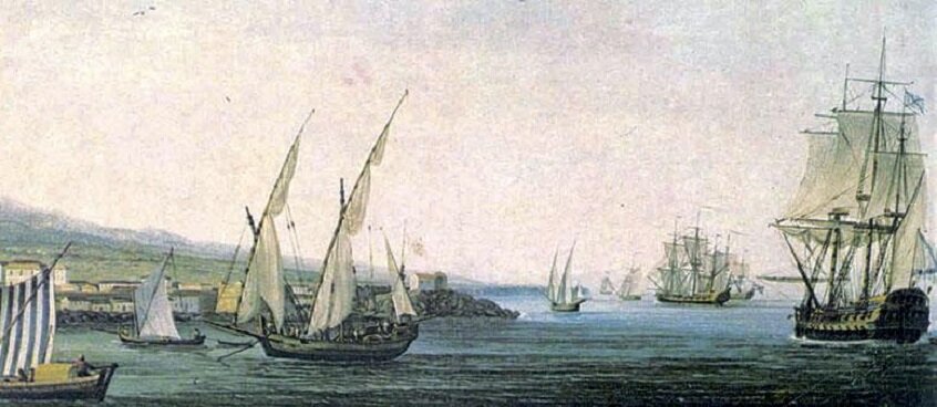 Русская эскадра у берегов Катании на Средиземном море в 1770 году, фрагмент картины художника Якоба Филиппа Гаккерта