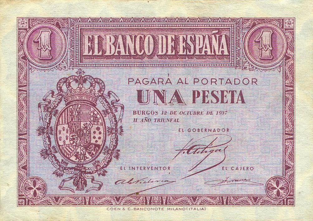 Banco de España, Бургос, 12 октября 1937 года, 1 песета, лицевая сторона.