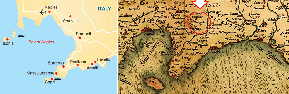 Слева - Помпеи на современной географической карте. Справа - расположение новой Помпеи (обведено красным кругом) на карте А. Ортелия 1570-го года. Изменилось не только расположение города, но и конфигурация береговой линии из-за движения геологических массивов и вулканических пород в сторону от Неаполя (италийского Новгорода), что его и уберегло.
