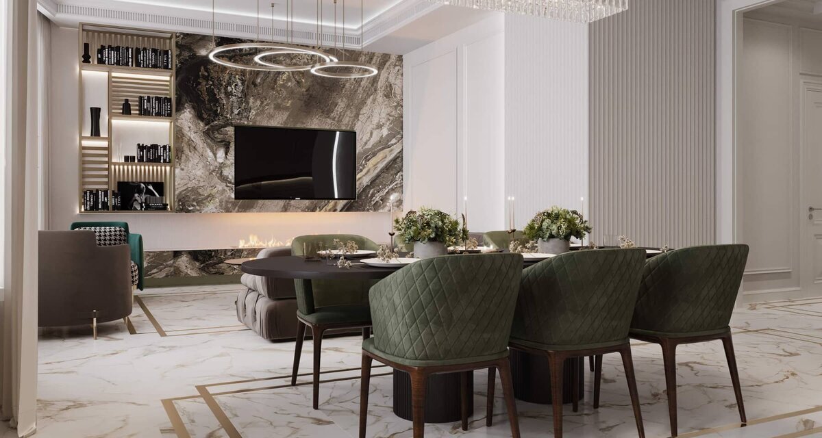 Гостиная-столовая с камином в ТВ-зоне