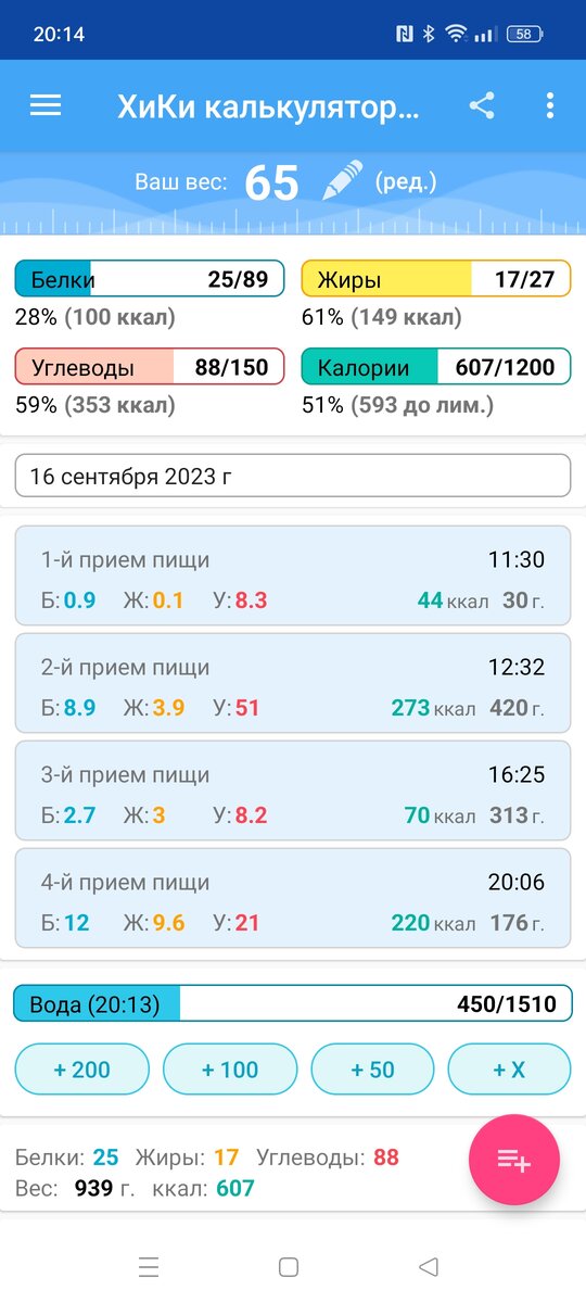 Итоги дня КБЖУ