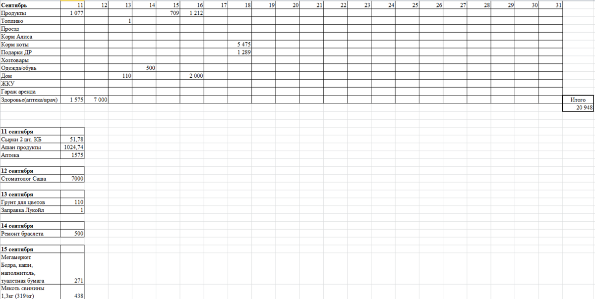 Таблица расходов