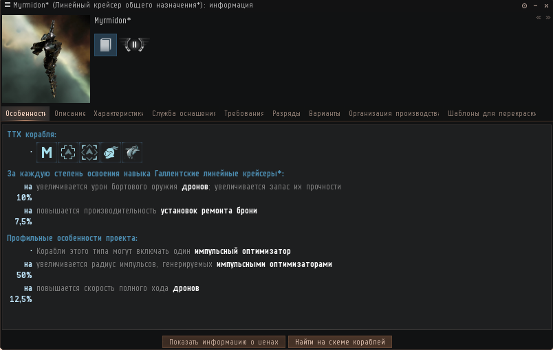Бонусы линейного крейсера Myrmidon 