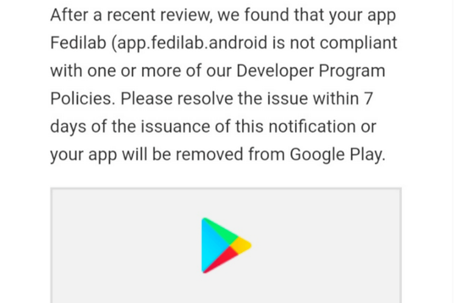 Предупреждение об удалении приложения и Google Play