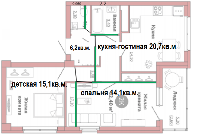 Зеленым цветом обозначены новые стены