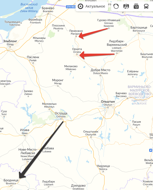 Наступление на Вормдитт (Орнета) и Пенежно (Мельзак), и Путь Солженицына "из Остероде в Бродницы". Создано на основе Яндекс-карт