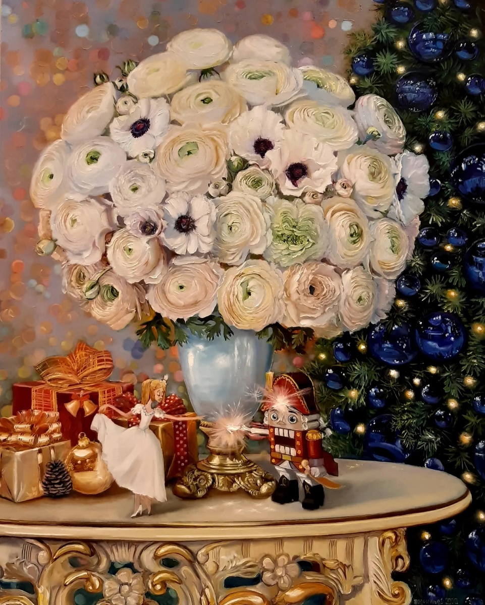 Евгений Владимирович Терентьев. Сказочный букет. Дата создания, указанная художником 31 декабря 2020. На сайте где картина выставлена указано 1 января 2021. Картину можно купить, её стоимость оценена в 400 000 рублей. Размер 100/80см. Масло/холст.