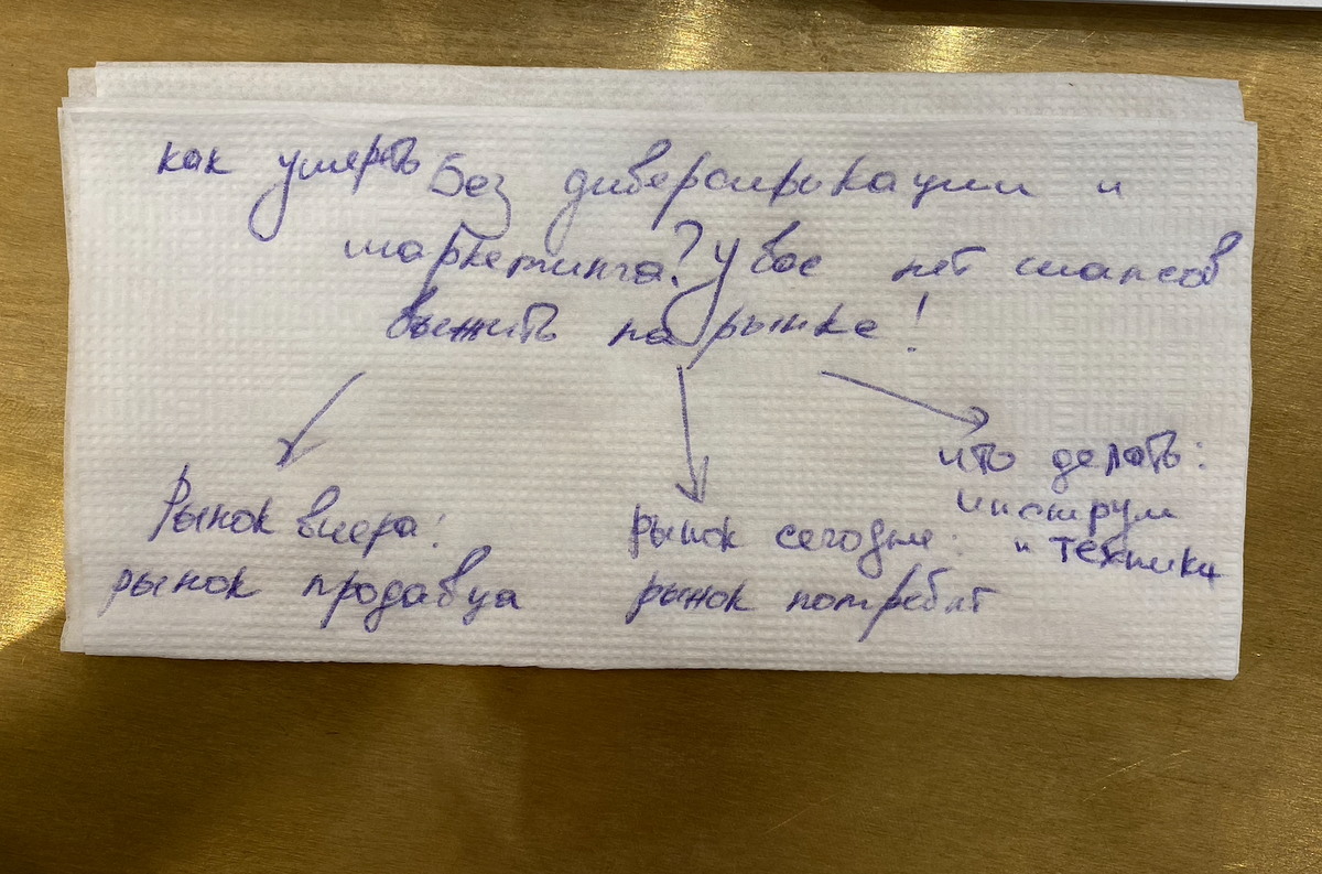 Вот так выглядел набросок моего клиента при подготовке - мысль пришла прямо в кафе и писать пришлось на салфетке. Муза - она такая!  Вот какой вопрос он придумал: "Как умереть без диверсификации и маркетинга?" А главная мысль такая: "У вас нет шансов выжить на рынке без Д и М"
