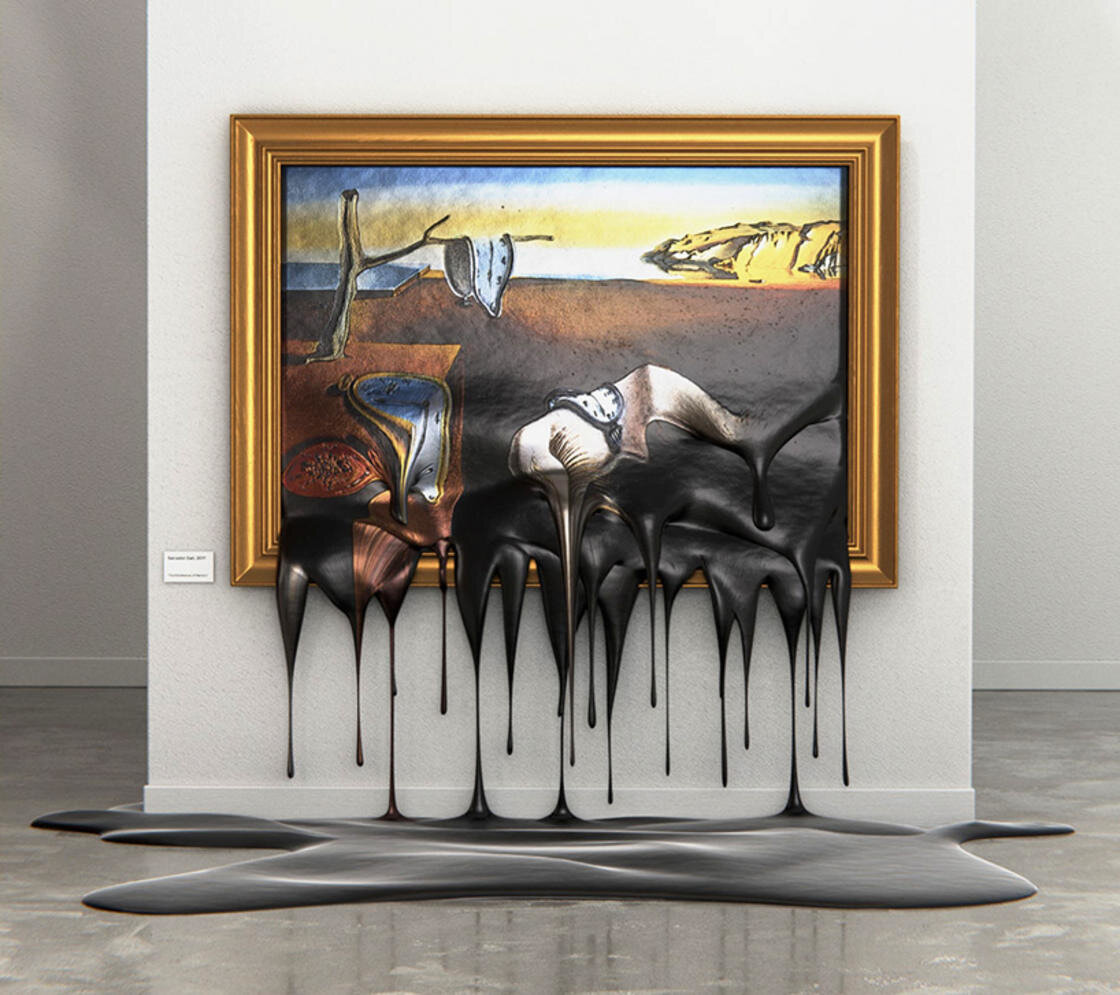 Художник Альпер Досталь обыгрывает в своих работах известные шедевры живописи. Они у него тают, переливаются через края рам и становятся фактически скульптурами. Что ж, тоже приём. Хоть я и не вижу смысла плавить картину Дали, где и так уже всё расплавлено...