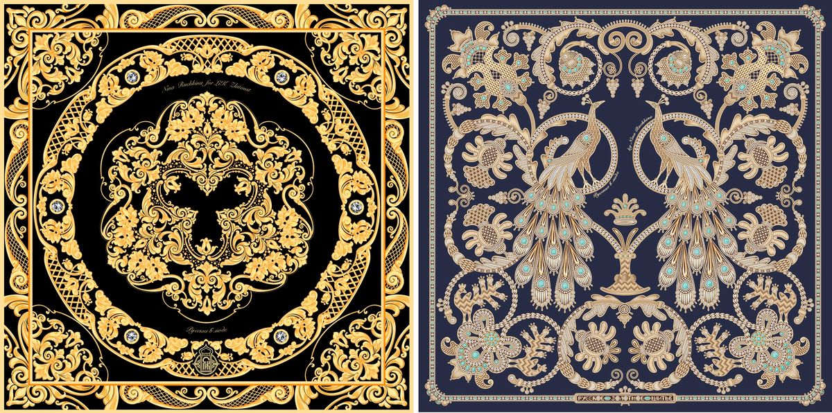 Платки "Златоустовская гравюра" и "Золотное шитьё"