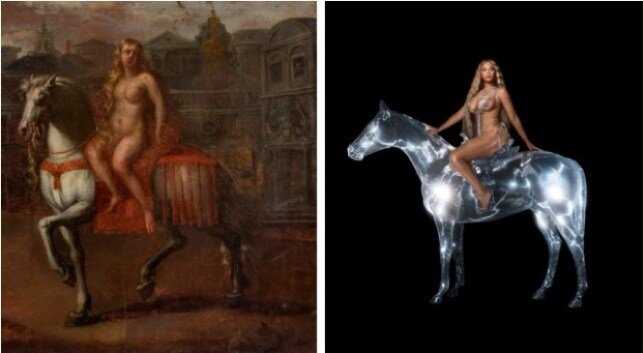 Слева: Адам ван Ноорт «Леди Годива». 1586 год © Художественная галерея и музей Герберта; справа: обложка альбома Бейонсе "Ренессанс", 2022 год © 