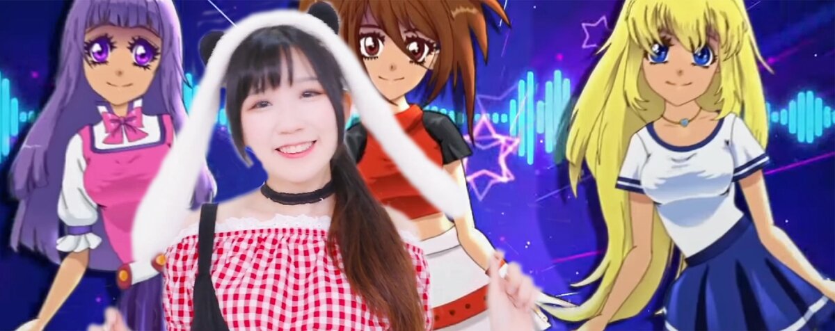 Карамельные девушки [фотоколлаж из кадров клипа "Caramelldansen 2018 (Official)" виртуальной группы "Caramella Girls" (ромадзи Caramella Girls) и китайского клипа "【漠漠】-元气少女兔子舞-【魔兽世界改编舞蹈】" на одну и ту же песню "Caramelldansen"]