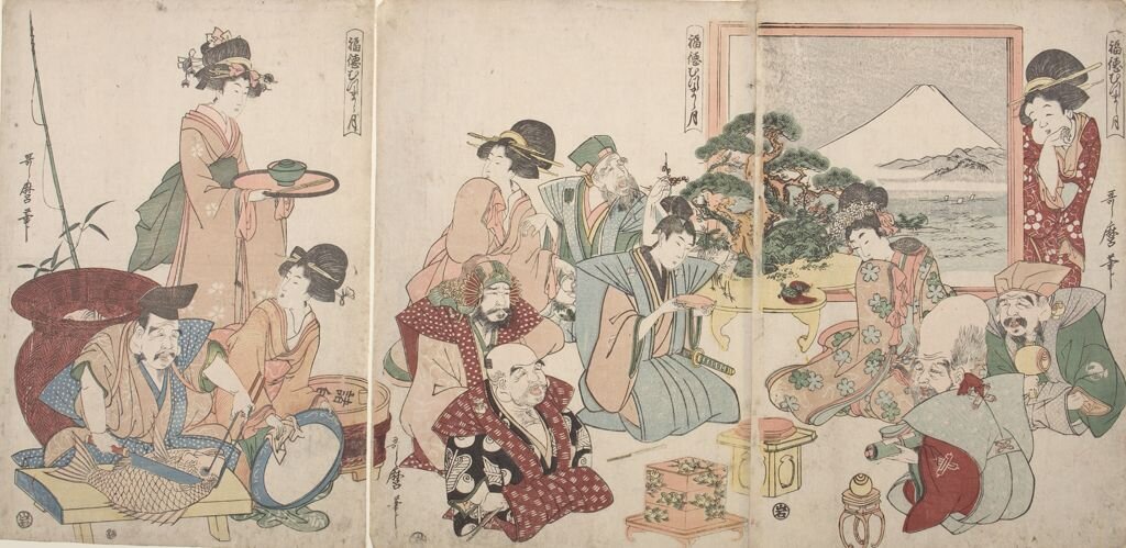 Artist:Kitagawa Utamaro Title:Triptych: Seven Gods of Good Fortune (Shichifukujin) and Otafuku at New Year's Date:Edo period, 1615-1868