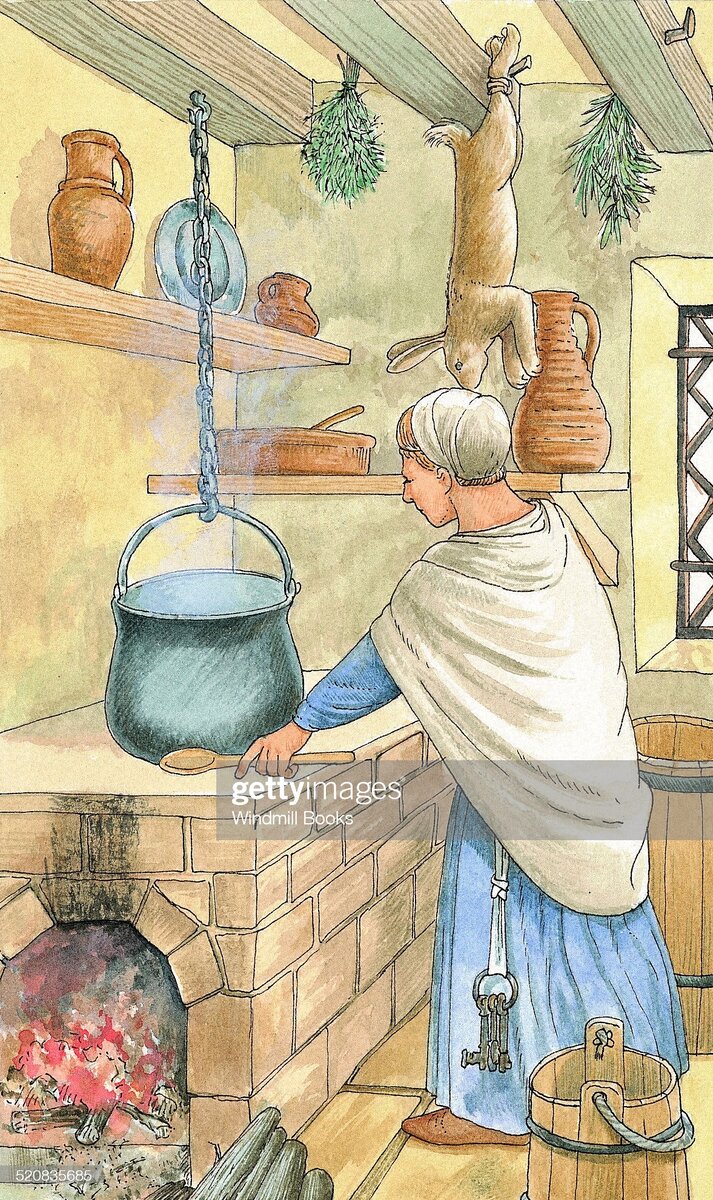 Суровый средневековый быт. Немецкая хозяйка готовит в котле над очагом: это может быть как традиционная похлебка из мяса и овощей, так и пиво, иллюстрация getty images
