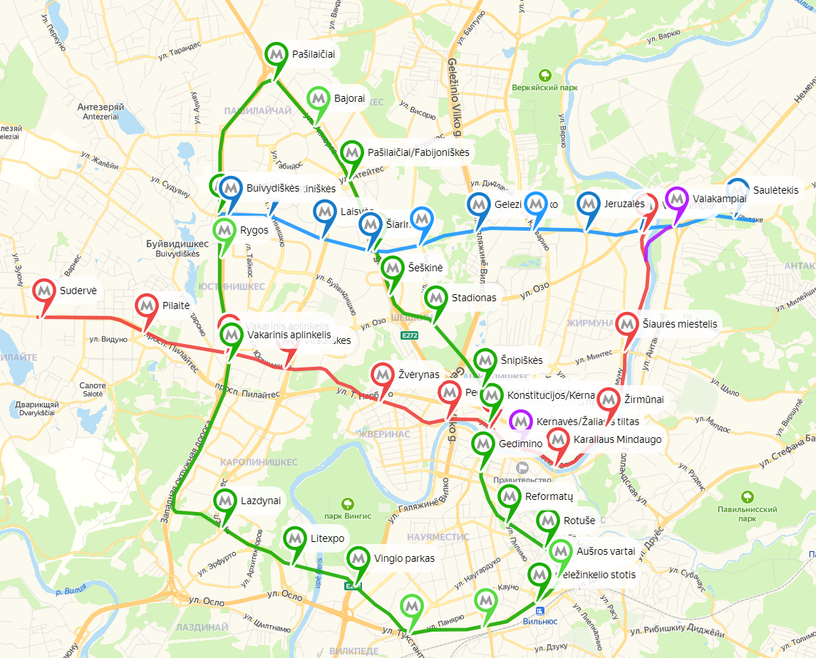 Карта перспективного развития Вильнюсского метрополитена.