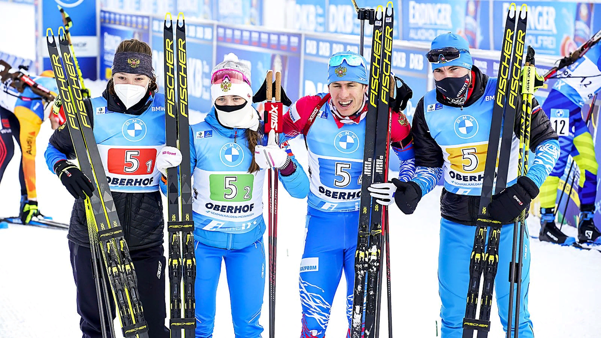 Победный состав сборной в смешанной эстафете в Оберхофе 10.01.2021. Вероятно такая же четверка выйдет на старт первой гонки ЧМ в словенской Поклюке.