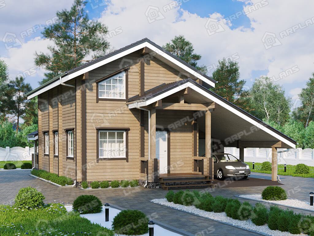 Фото 1 двухэтажного дома из бруса с мансардой, 3 спальнями,  террасой, навесом и гаражом. 140 кв м. Источник arplans.ru Проект ДС-163