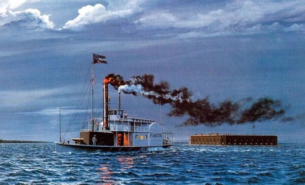 Пароход «Плантатор» проходит мимо форта конфедератов. Источник: livejournal.com