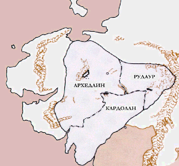 Артедайн, Кардолан и Рудаур, образовавшиеся на месте единого Арнора в Третью Эпоху. Фото взято из "Атласа Средиземья" Каренн Винн Фонстад.
