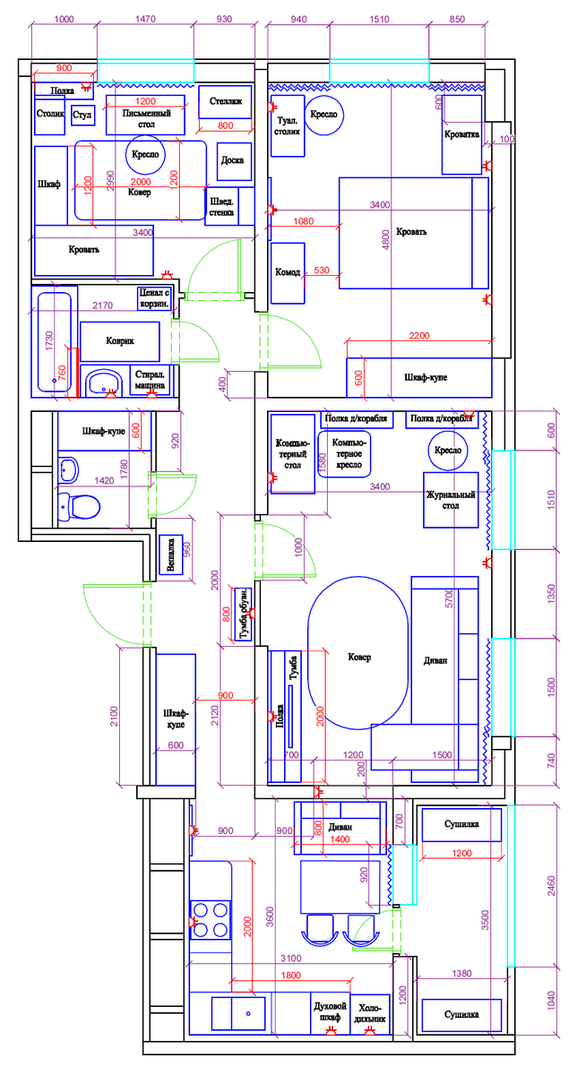 План квартиры с расставленной мебелью (листайте вправо)