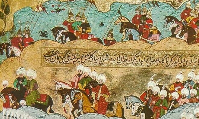 Сагиб Гирей долгое время, будучи уже Крымским Ханом, верно служил Сулейману. На этой миниатюра изображён совместный поход крымских и Османских войск.