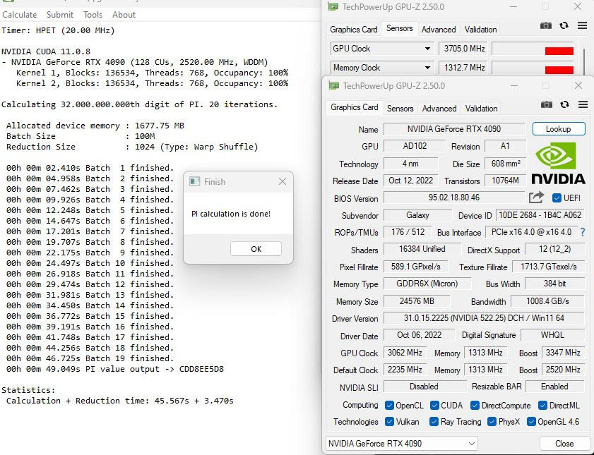 Оверклокеру OGS удалось разогнать ядро RTX 4090 до невероятной частоты в 3,7 ГГц! Если точнее, частота составила 3705 МГц, что является абсолютным рекордом для графических процессоров. Благодаря такому разгону энтузиасту удалось заодно установить новые рекорды в некоторых бенчмарках. К примеру, в 3DMark Port Royal разогнанный адаптер набирает почти 31 100 баллов, но на частоте GPU 3570 МГц.  