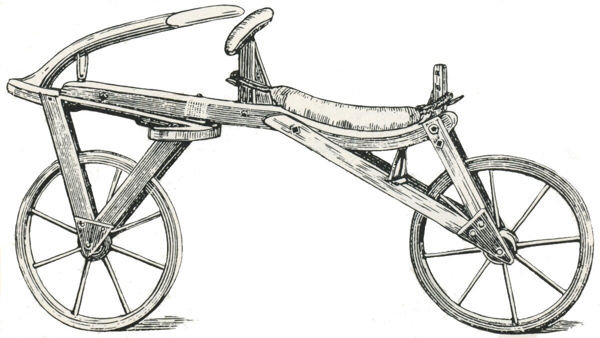 Первый прообраз велосипеда и дрезины, около 1851 г. Autor unbekannt - Mit dem Rad durch zwei Jahrhunderte: Das Fahrrad und seine Geschichte, Aarau Stuttgart: AT Verlag. 21. Источник: https://de.wikipedia.org/wiki/Draisine_(Laufmaschine)#/media/Datei:DraisineI.jpg [15.08.20].