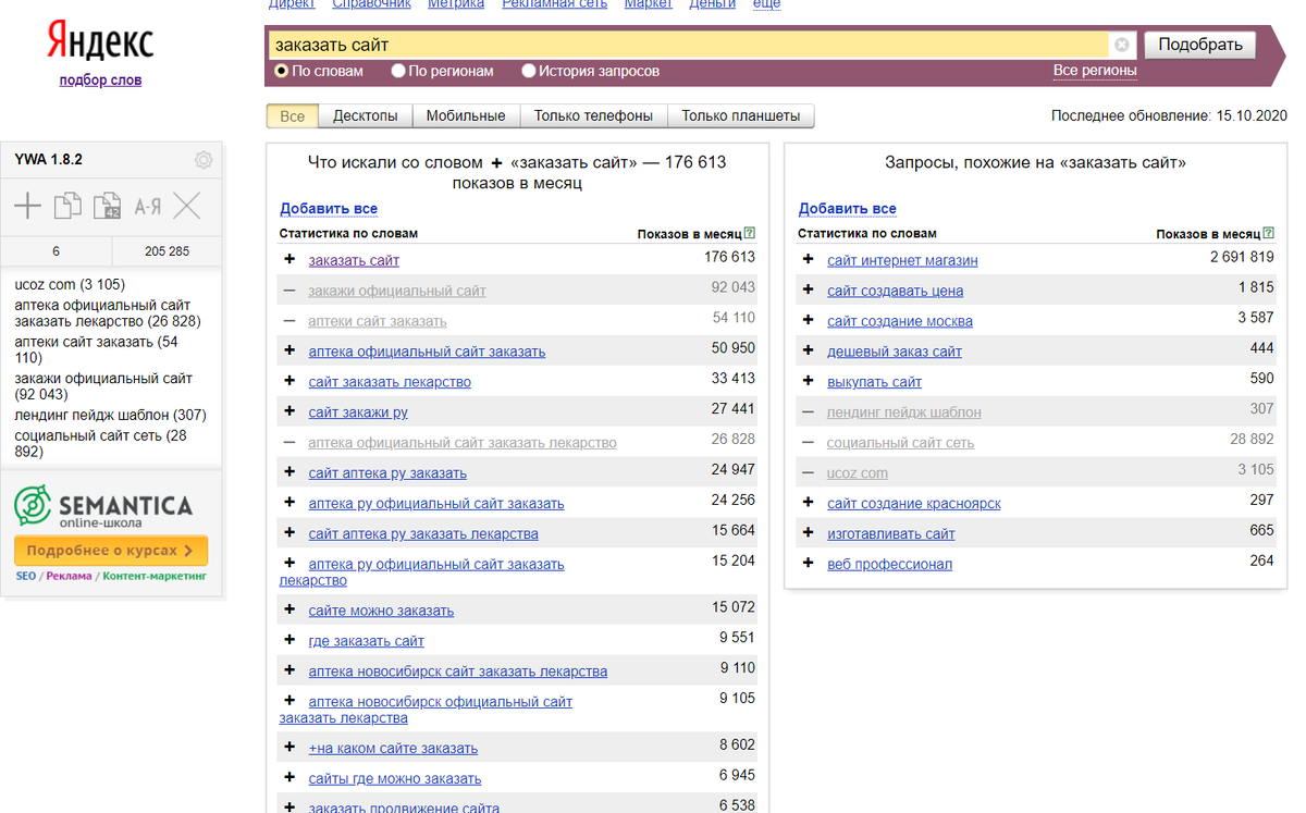 Пример использования сервиса wordstat для подбора ключевых фраз