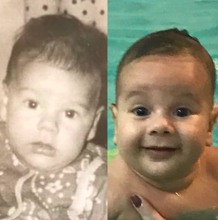 Слева я, справа сын, обоим на фото около 3 мес.