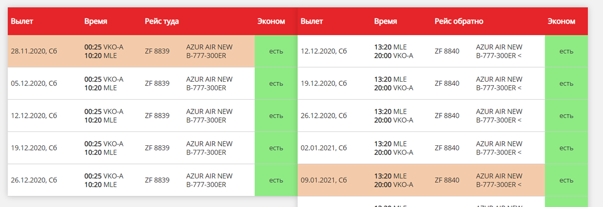 Расписание новых рейсов а/к Azur Air на Мальдивы с сайта туроператора Anex Tour