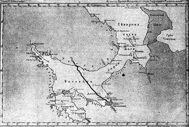 Предполагаемый путь судна. Карта 1896 года, взята из открытых источников