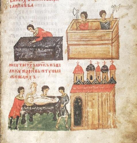 Строительство Борисоглебского храма в Вышгороде и перенесение мощей братьев. Источник: pinterest.com