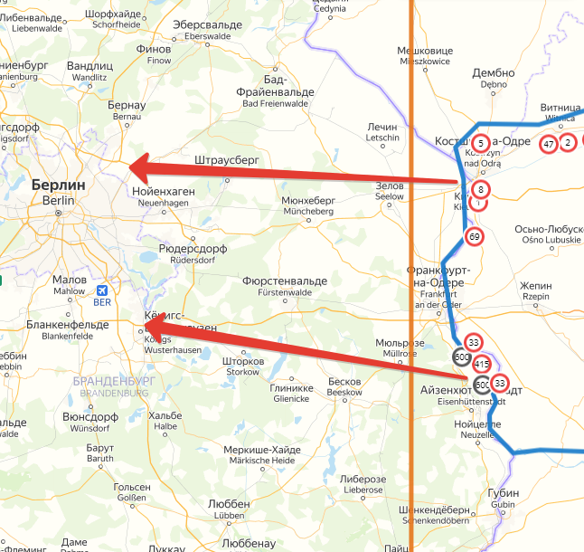 Силовая схема Зеелов-Берлинской операции. Создано на основе Яндекс-Карт