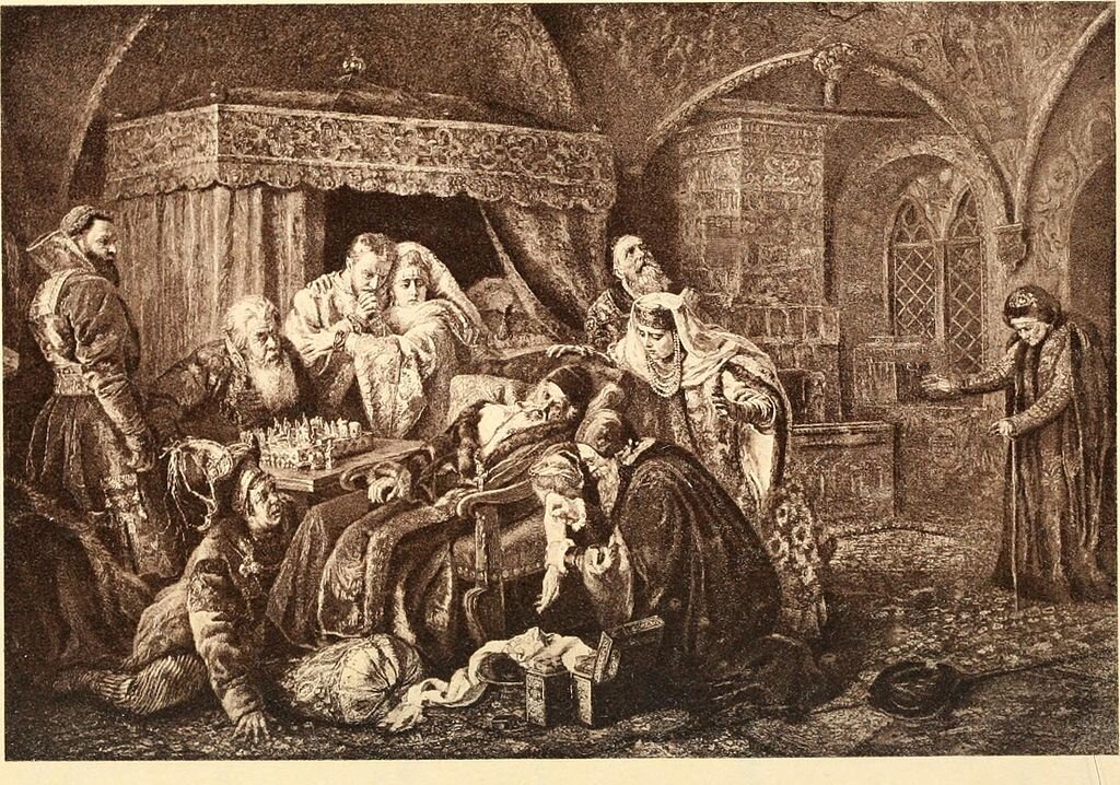 К.Маковский. "Смерть Ивана Грозного", 1888. (наиболее раннее и достоверное воспроизведение картины в книге "Драма; ее история, литература и влияние на цивилизацию", 1903. Нью-Йорк. Оригинал картины похищен). 