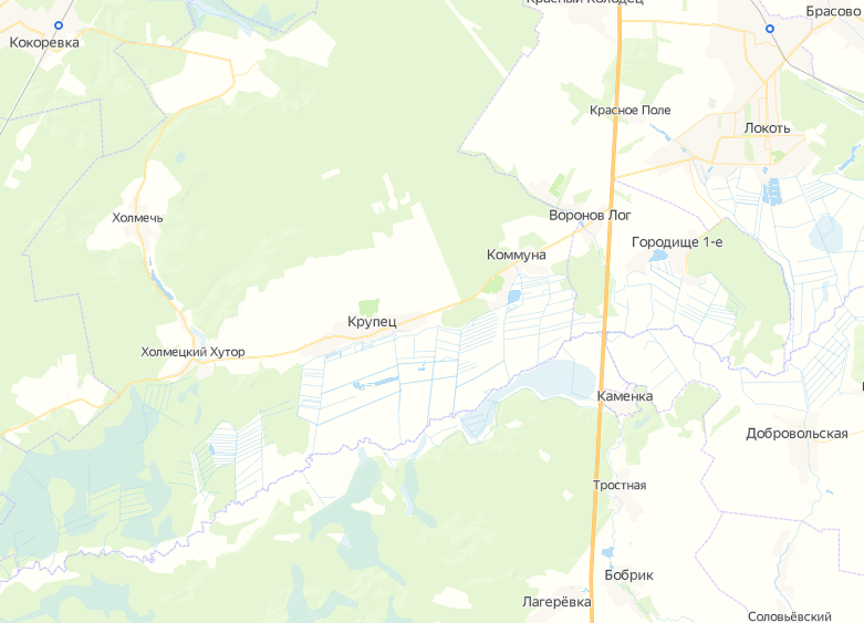 Карта современная, но всё на тех же местах. Видите дорогу от Кокоревки через Холмечь, Холмецкий Хутор, Крупец в Коммуну?