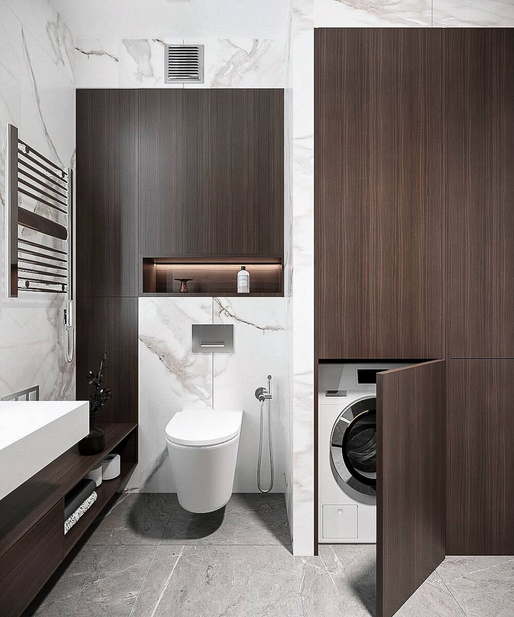 Проект ванной комнаты Татьяны Лянг с белым мрамором из коллекции  Iceberg K-2001 и серым мрамором Skala K-2202 от KERRANOVA