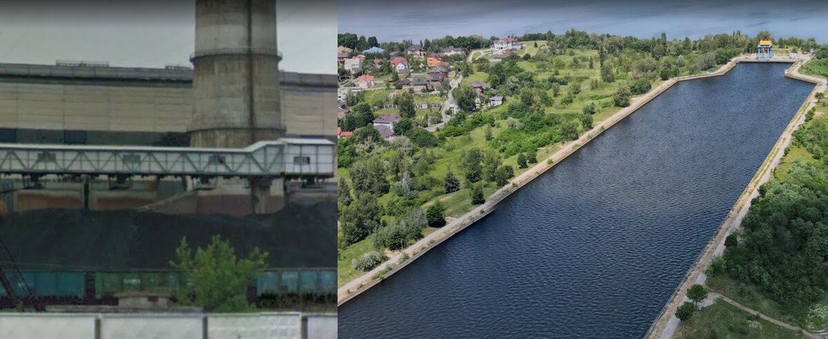 В принципе, уголь на площадке Бурштынской ТЭС (слева) тоже можно считать аккумулированной электроэнергией – но ещё не выработанной. А вот Киевская ГАЭС (справа) – как раз пример аккумуляции выработанной электроэнергии