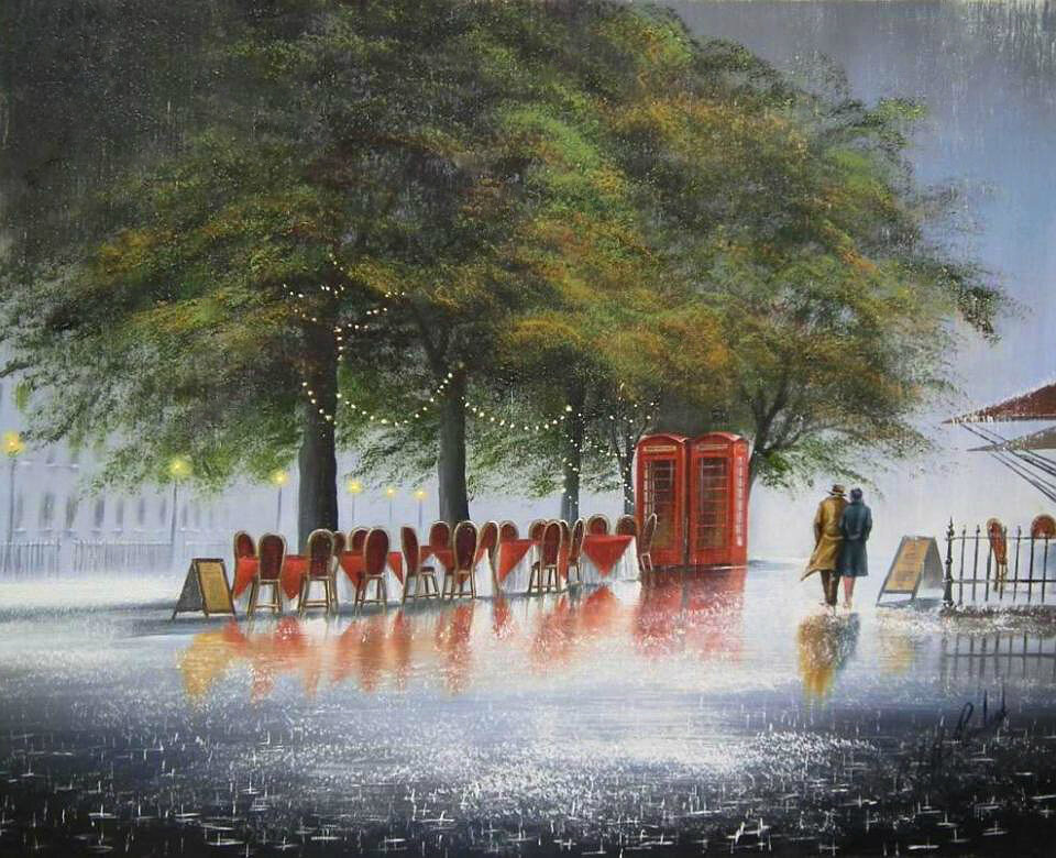 Джефф Роланд. Влюбленная пара под дождем и пара телефонных будок. Джеффа Роланда иногда называют «художником дождя».