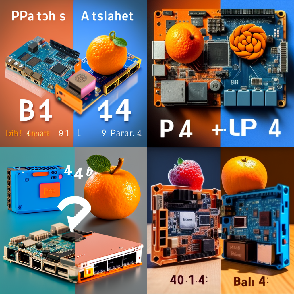 Как по мнению Midjourney выглядит "Orange Pi 4 LTS vs Raspberry Pi 4". Апельсин против малины:) 