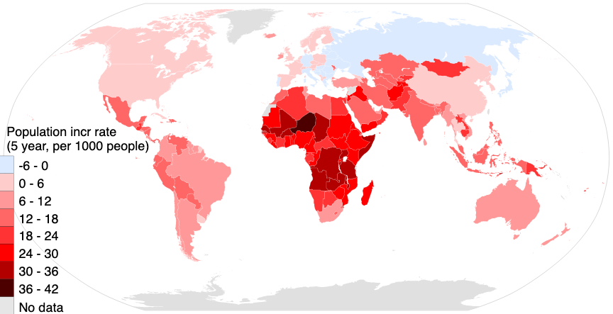 Тепловая карта прироста популяции населения в разных странах за период с 2010 по 2015 годы. Чем краснее, тем больше там будет расти стоимость недвижимости.