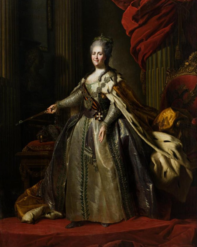 Ф.С. Рокотов. Портрет императрицы Екатерины II (1729 - 1796). Видоизмененная копия с А. Рослина (тип А. Рослина - Ф.С. Рокотова). Российская империя, Санкт-Петербург. Конец 1770-х - 1780-е гг.