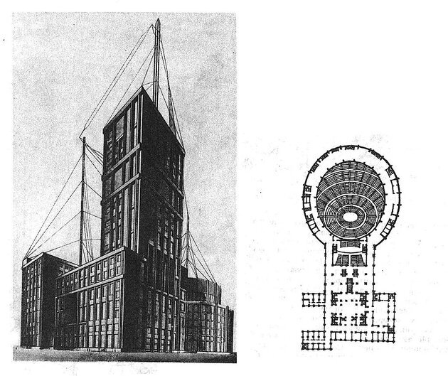 Проект Дворца труда в Москве (1922-1923 гг., архитекторы Александр Александрович Веснин, Виктор Александрович Веснин, Леонид Александрович Веснин.