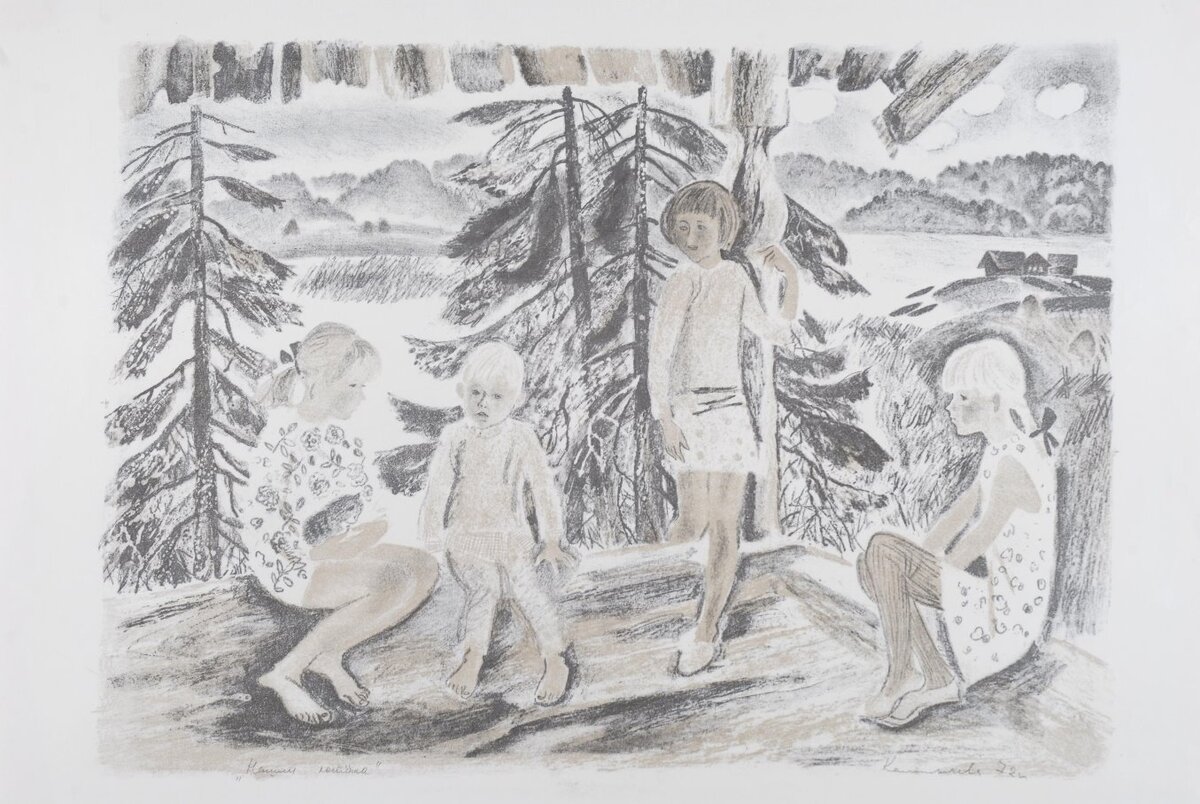 Калинычева К.И. Гравюра. Нашли котенка. 1972 г. Из собрания ГВСМЗ